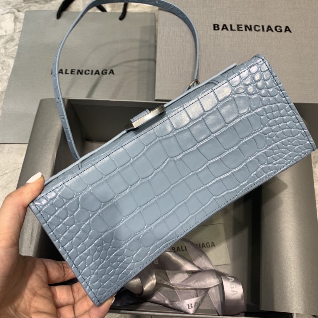 Balenciaga Hourglass Small Handbag Crocodile Embossed Shoulder Bag Haze Blue